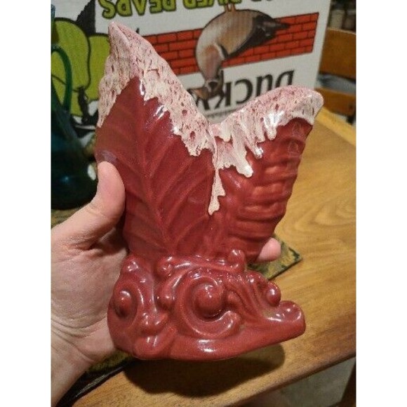 Vintage MCM Royal Haeger Leaf Vase Burgundy Dark Red Pink White Glaze EUC Art - Picture 4 of 8